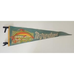 Vintage blue Marineland of the Pacific w/ dolphin souvenir felt banner pennant